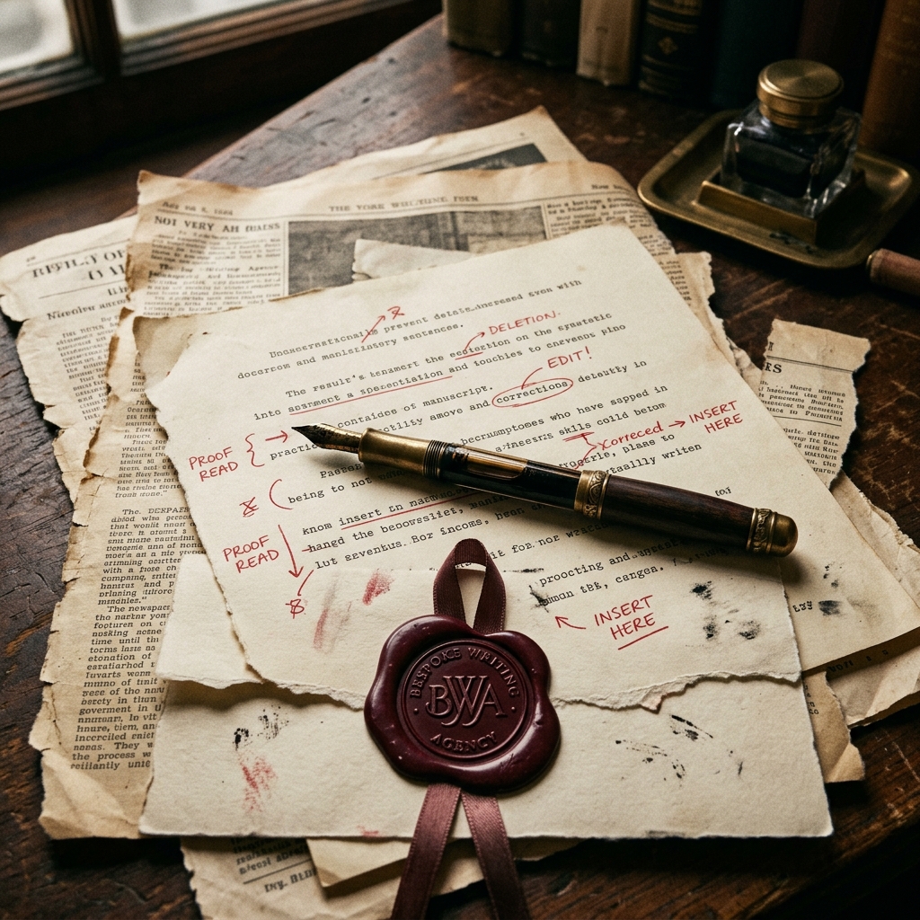 Editorial collage hero composition: torn newsprint, manuscript pages with red-pencil corrections, a brass fountain pen, and a deep red wax seal — the artifacts of editorial writing