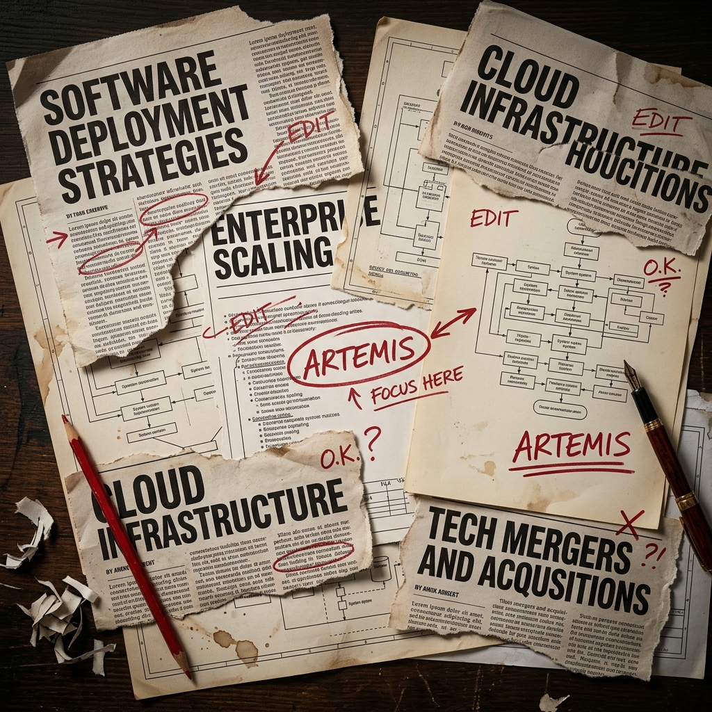 Editorial collage showing B2B SaaS workflow diagram and torn newsprint
