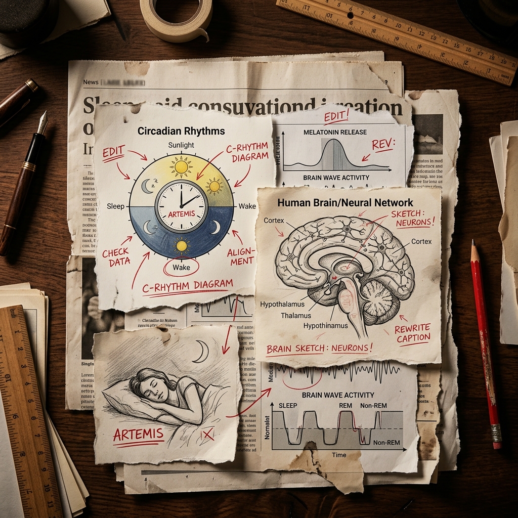 Editorial collage for health and wellness showing sleep diagrams and newsprint